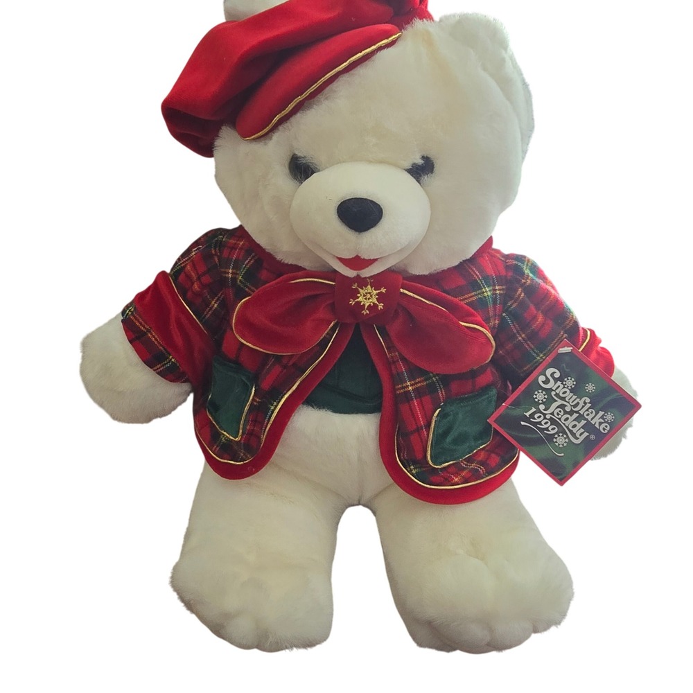 Vintage DanDee Snowflake Teddy 1999 White Bear Plaid Jacket Red Beret Plush